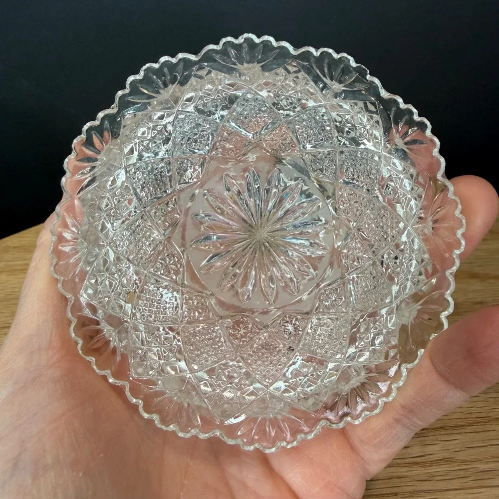 Vintage Miniature Clear Pressed Glass Covered Butter Pat Dish Diamond & Sunburst